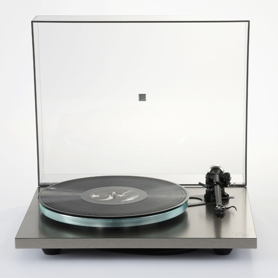 Rega Planar 6 RS AFC Turntable, Brushed Aluminum, front view with the dustcover open and the RB880 tonearm at rest