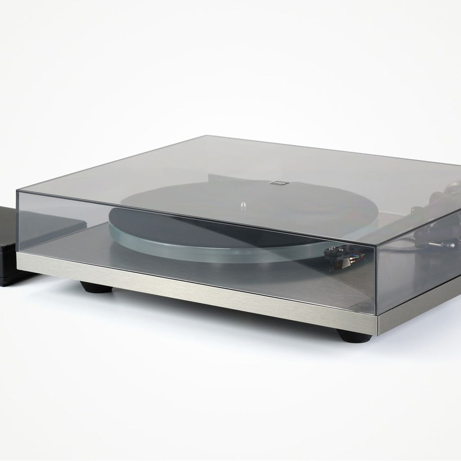 Rega Planar 6 RS AFC Turntable, Brushed Aluminum, low three-quarter view with the smoked dustcover closed