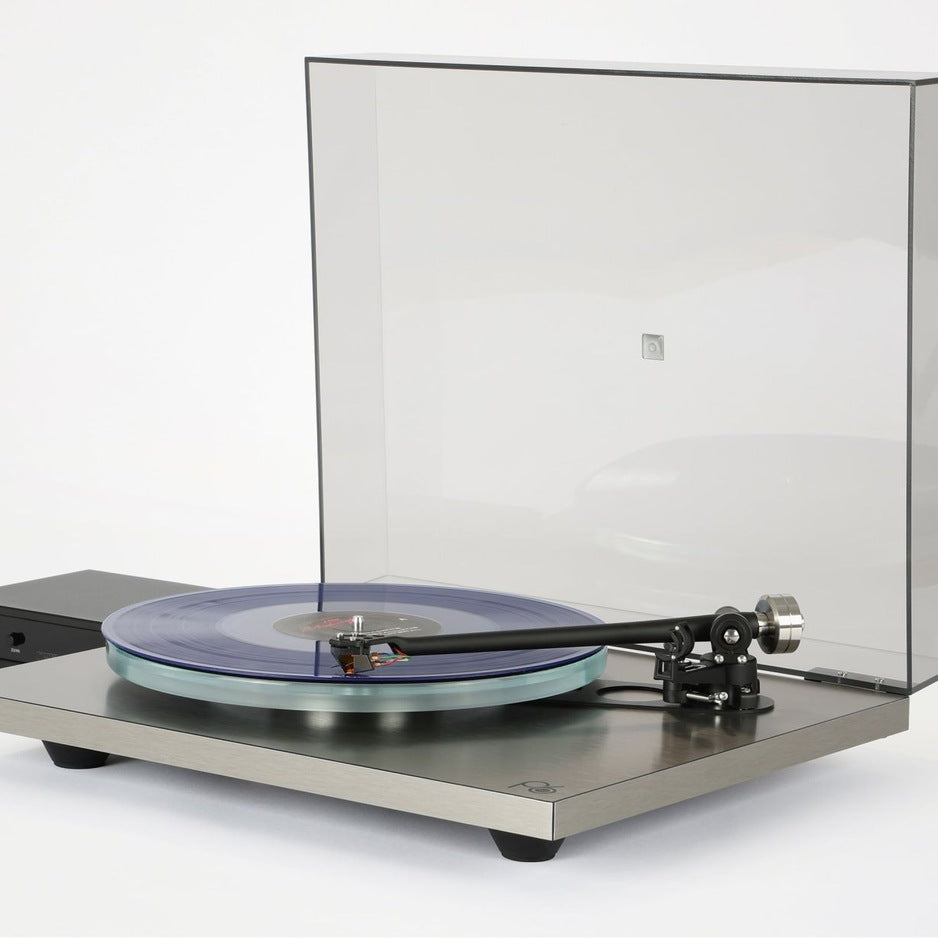 Rega Planar 6 RS AFC Turntable, Brushed Aluminum, three-quarter view with the Neo MK2 power supply at left