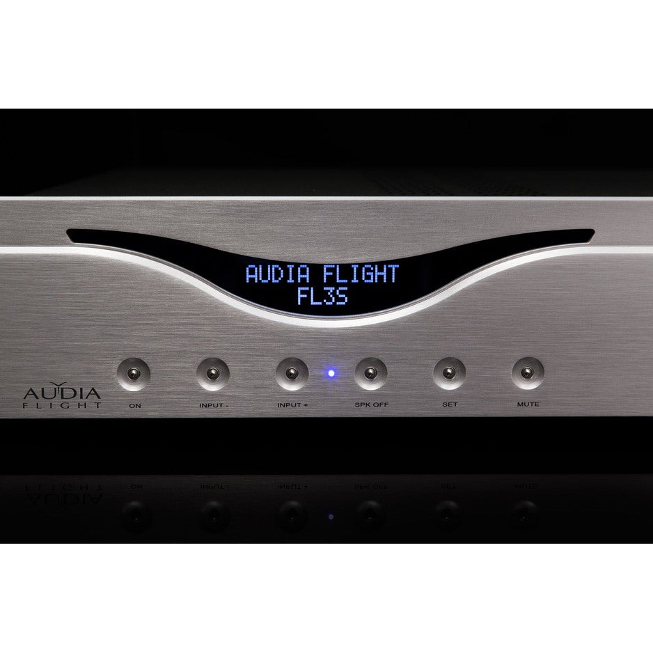 Audia Flight Three S OLED display and control buttons on silver finish