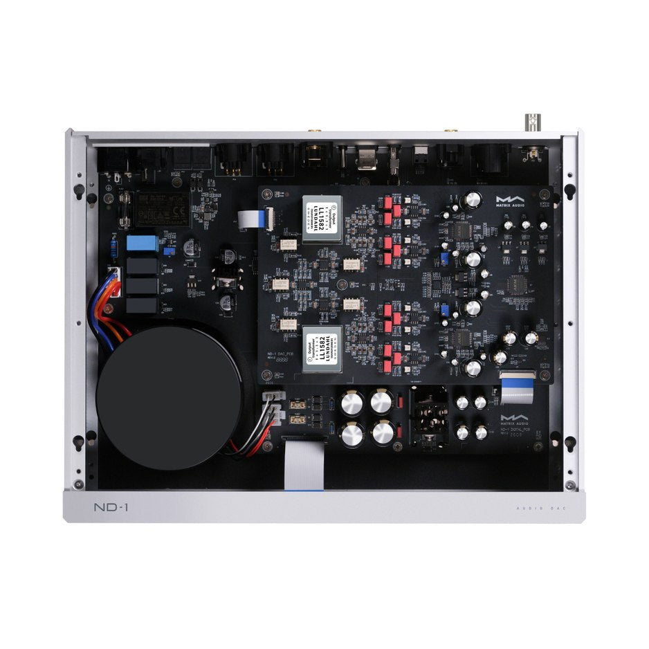 Matrix Audio ND-1 internal view showing dual-PCB architecture with AKM DAC chips and Lundahl transformers