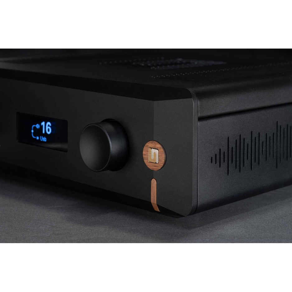 Unison Research Unico Pre V2 detail of display and wood accent in Midnight Black