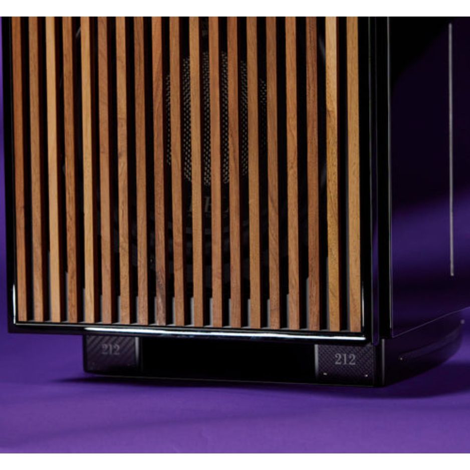 REL 212 Black Label Subwoofer wood grill close view
