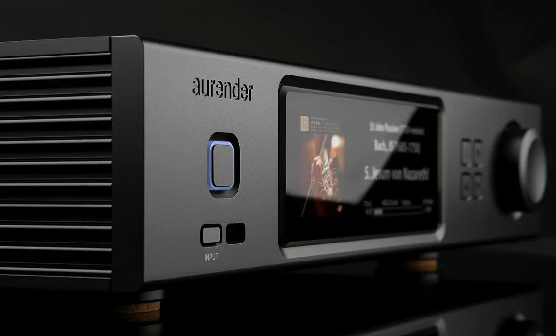 Aurender A15 Music Streamer Music Server DAC Side view black close up on power button