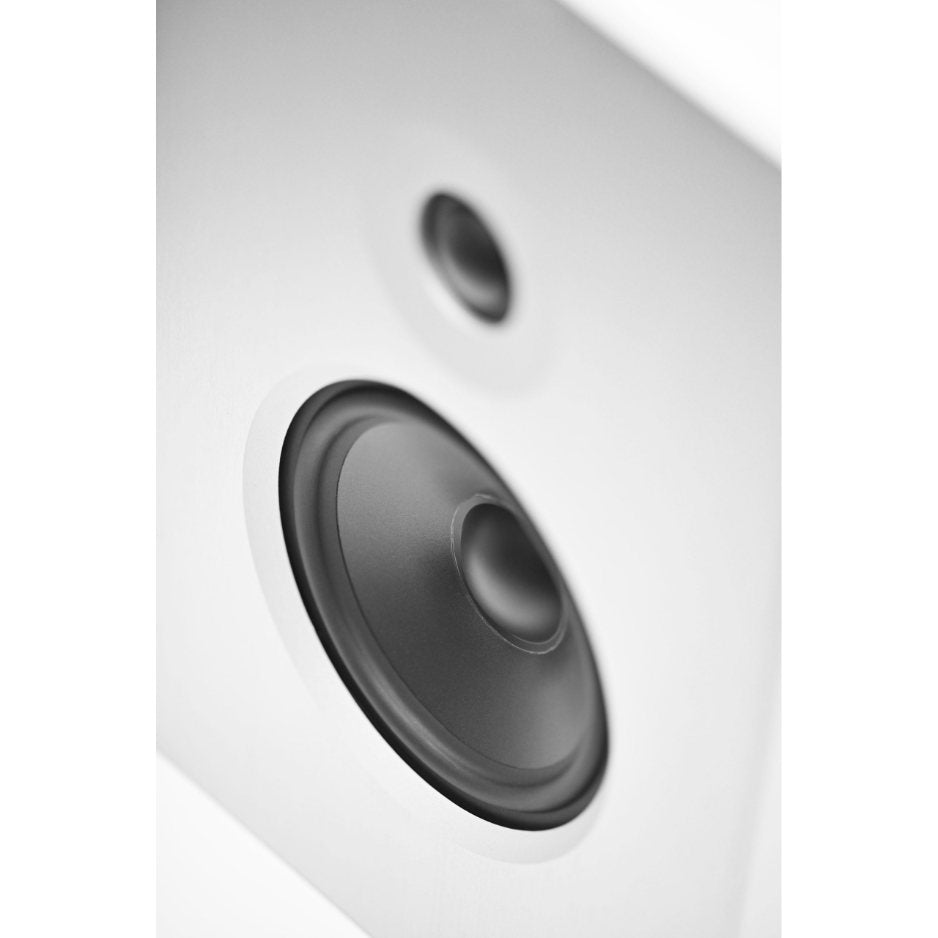 AVM Audition CB 2.3 Bookshelf Speakers (Pair), Gloss White with silver front, tweeter and woofer close-up