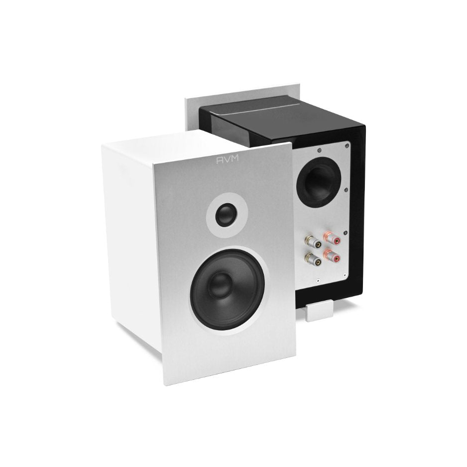 AVM Audition CB 2.3 Bookshelf Speakers (Pair), Gloss White and Gloss Black, front and rear views together
