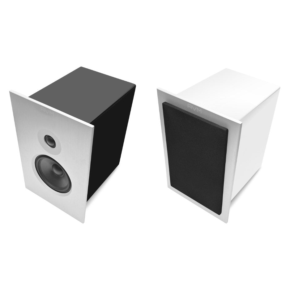 AVM Audition CB 2.3 Bookshelf Speakers (Pair), Gloss Black and Gloss White with silver fronts, angled pair, grille on the white speaker