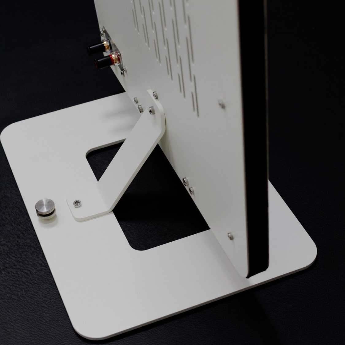 Diptyque DP115 Isodynamic Floorstanding Speakers - Angled Rear White Solo Base Closeup