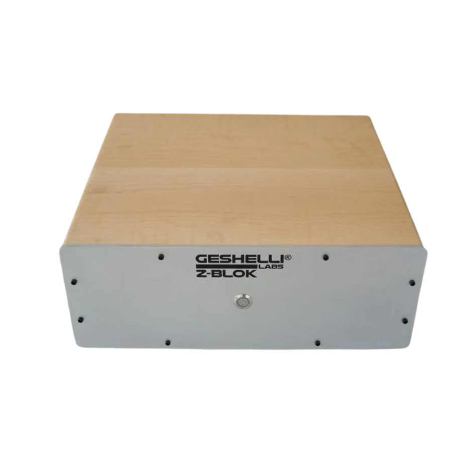 Geshelli Labs Z-Blok Mono Amplifier  Curly Maple/Silver Front top View