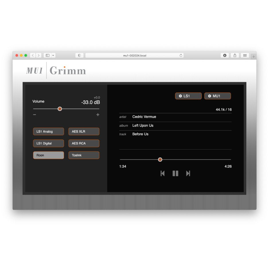 Grimm Audio MU1 Music Streamer browser control screen