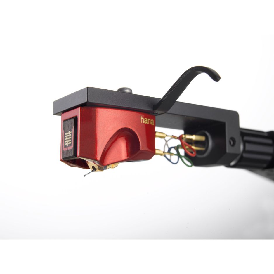 HANA Umami Red Moving Coil Cartridge (Open Box), red body mounted on a headshell with gold pins and colored lead wires