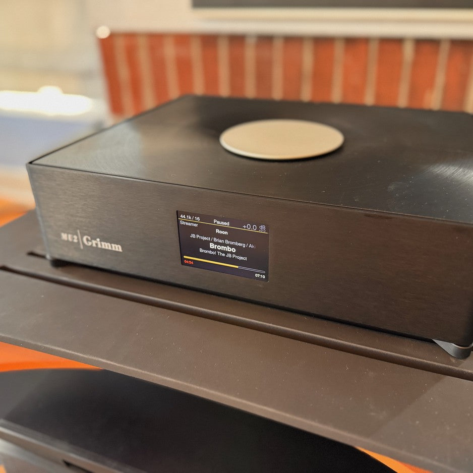 Grimm Audio MU2 displaying Roon interface with album art on the built-in screen