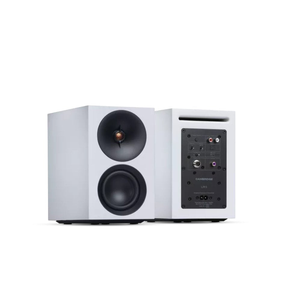Cambridge Audio L/R S Compact active stereo speakers white angled pair rear and front