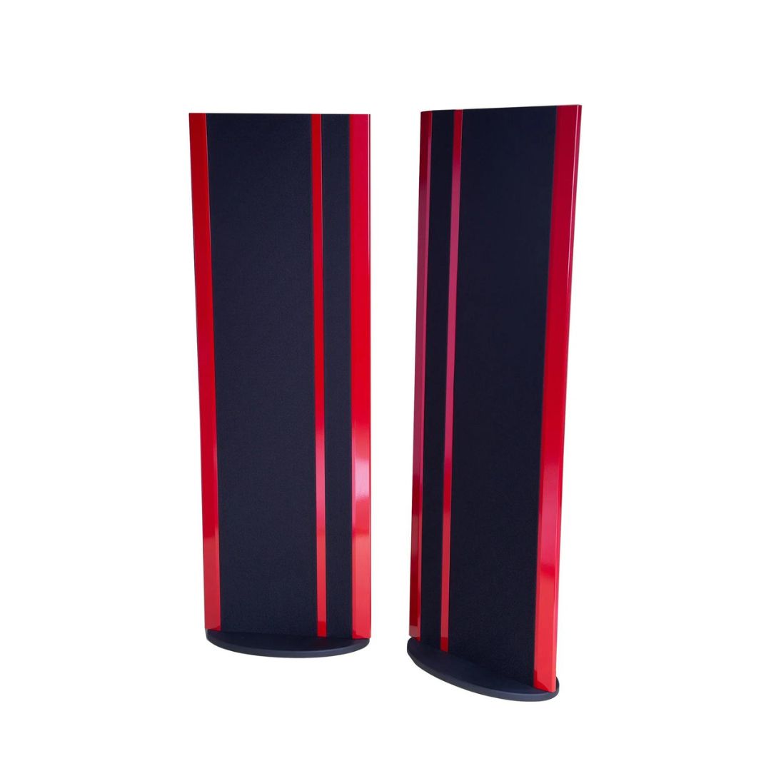 Magnepan 3.7i speakers with red frame and black fabric