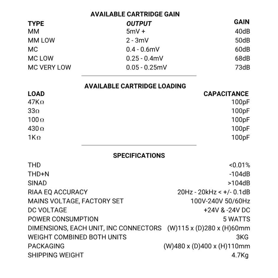 Michell Audio Apollo Phono Stage Cartridge Gain and Specifications