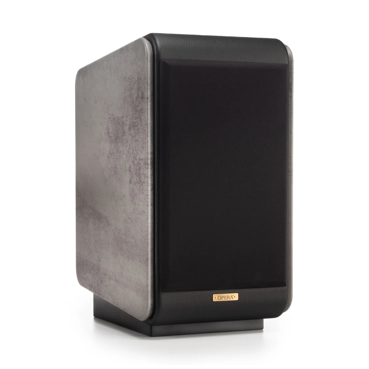 Opera Prima V2 Book Shelf Speakers Concrete Gray Diagonal View With Grill