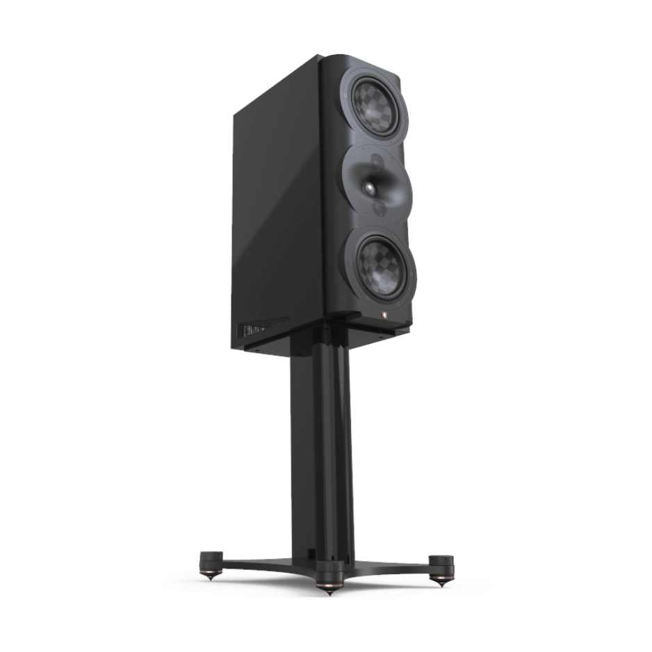 Perlisten S-Series Speaker Stand, Gloss Black, three-quarter view facing right with an S5m speaker mounted