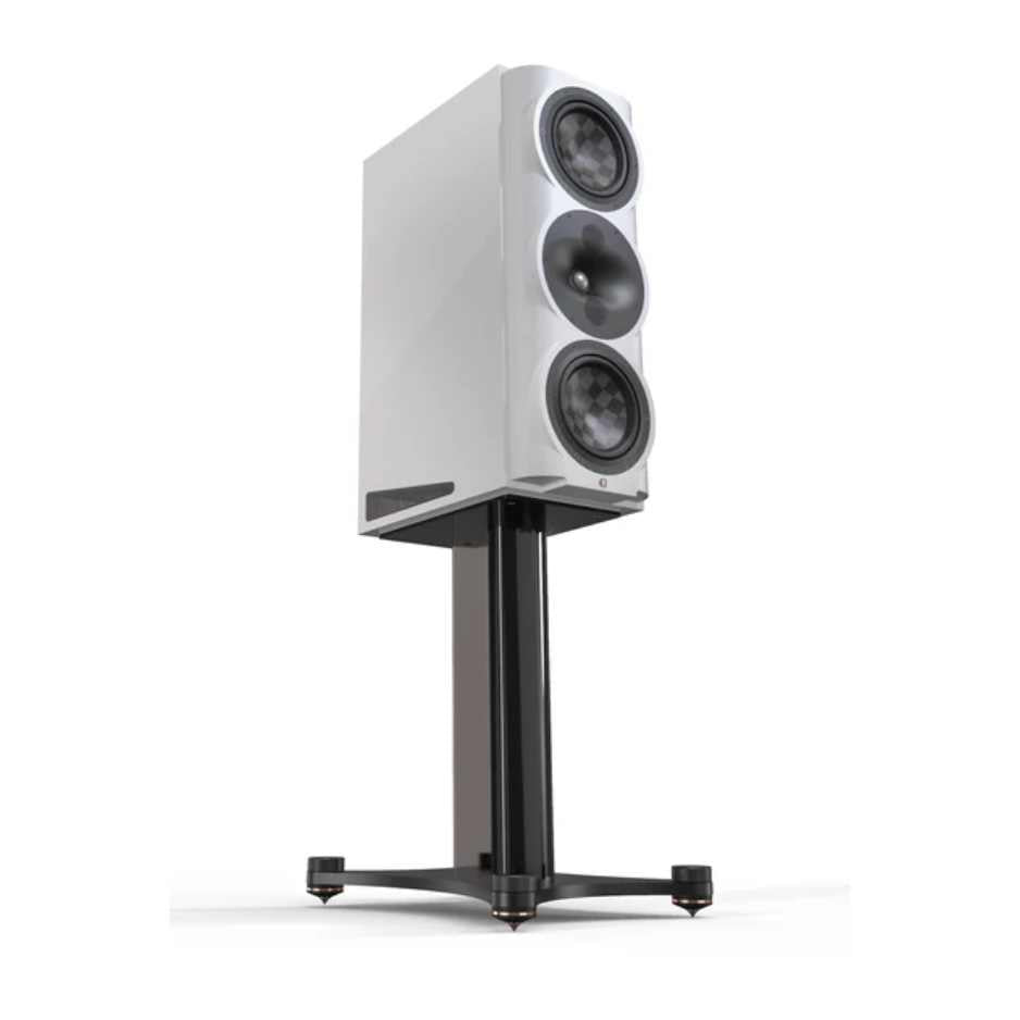 Perlisten S5m Monitor Speaker, High Gloss Piano White, three-quarter view facing right on stand