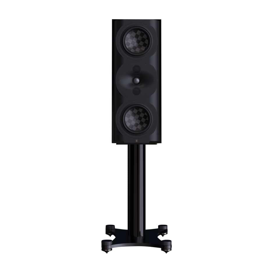 Perlisten S5m Monitor Speaker, High Gloss Piano Black, front view on stand