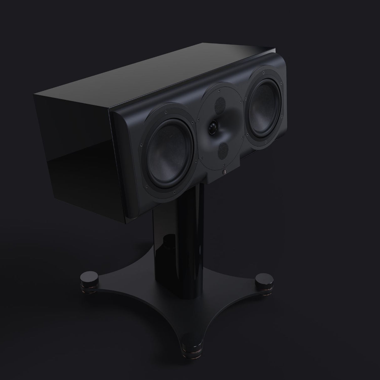 Perlisten R5c diagonal view on stand with black bg