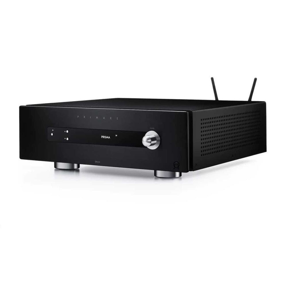 Primare SPA25 Prisma Home Cinema Integrated Amplifier Black Diagonal with side showing