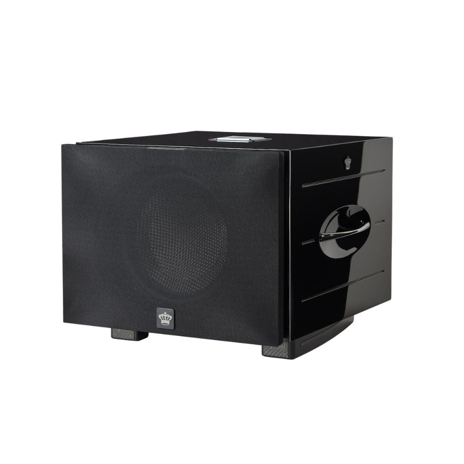 REL Carbon Special Black Label Subwoofer front perspective with black cloth grill