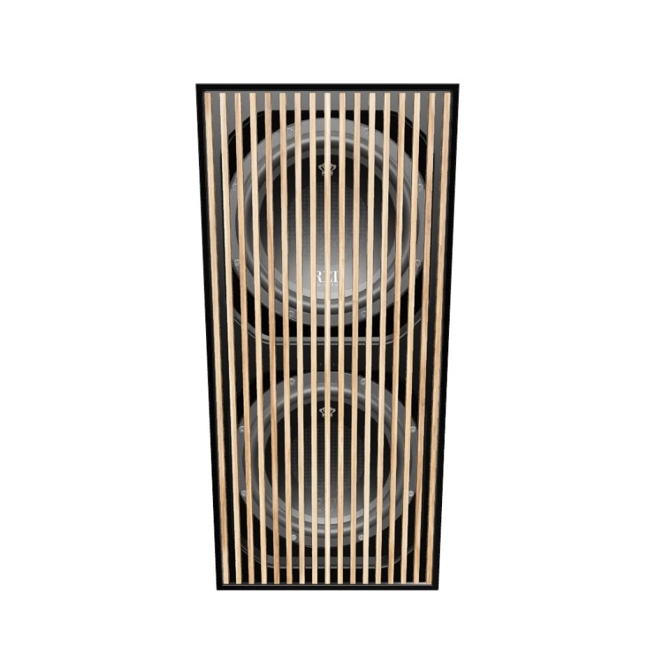REL 212 Black Label Subwoofer front with wood grill