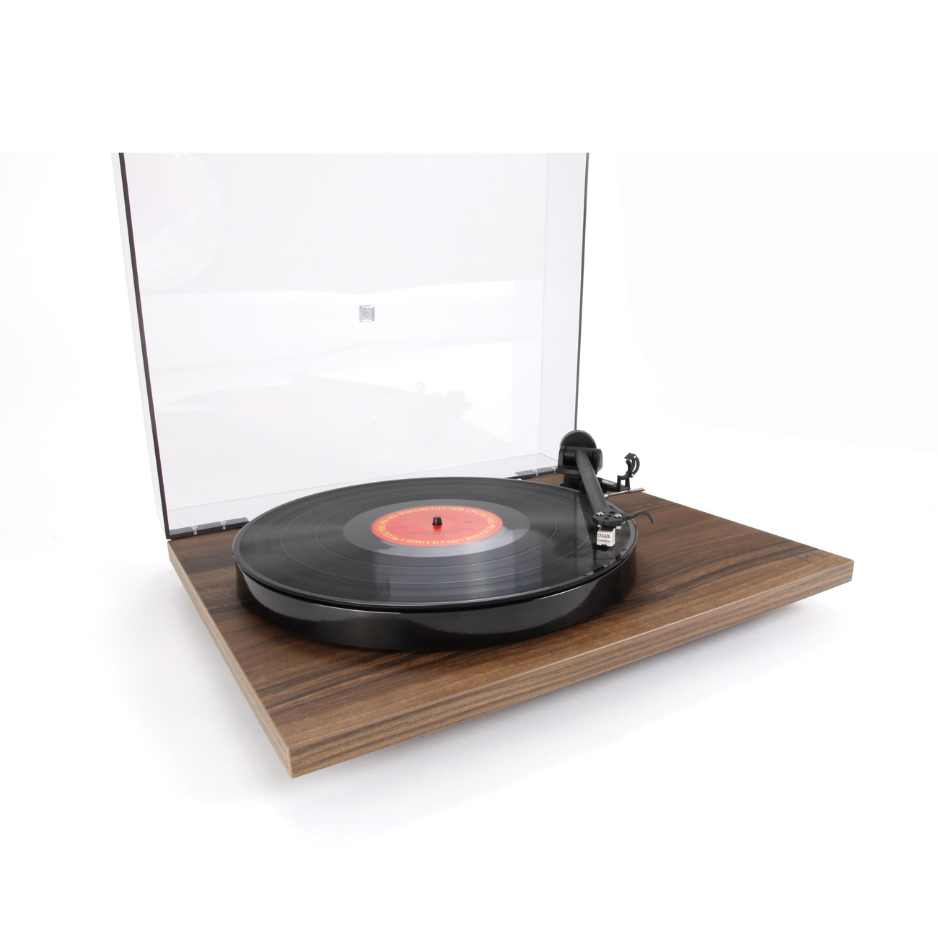 Rega Planar 1 Walnut Effect - Diagonal View with dustcover up