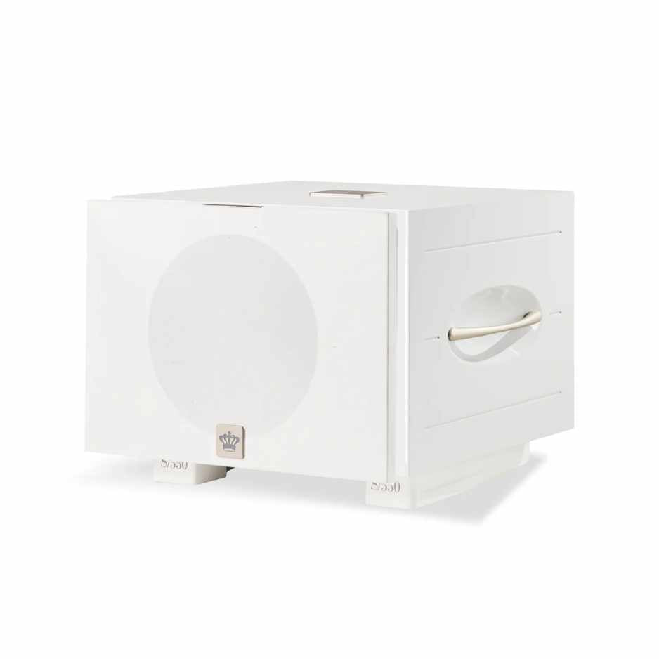 Rel S/550 subwoofer IN Gloss white with cloth grill diagonal facing