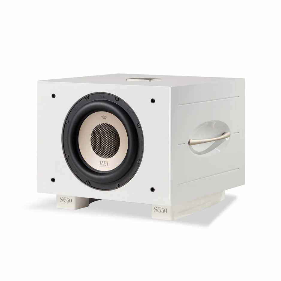 Rel S/550 subwoofer IN Gloss white with no grill diagonal facing