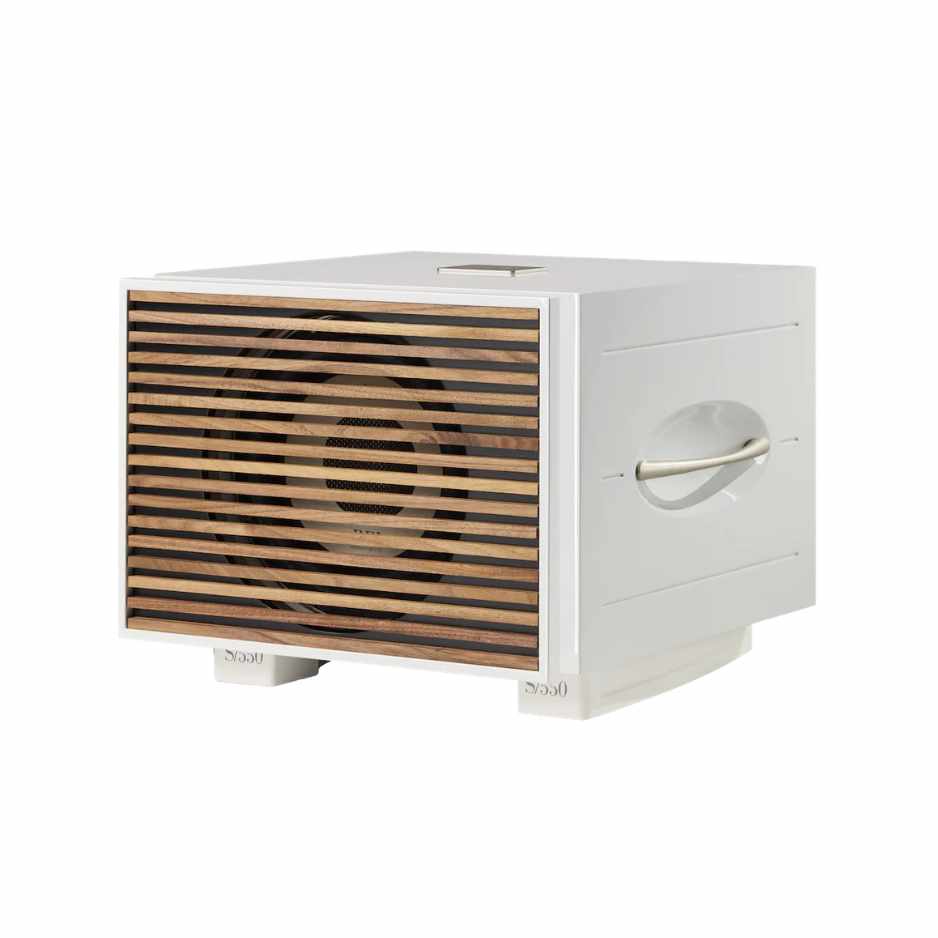 Rel S/550 subwoofer IN Gloss white with wood grill diagonal facing