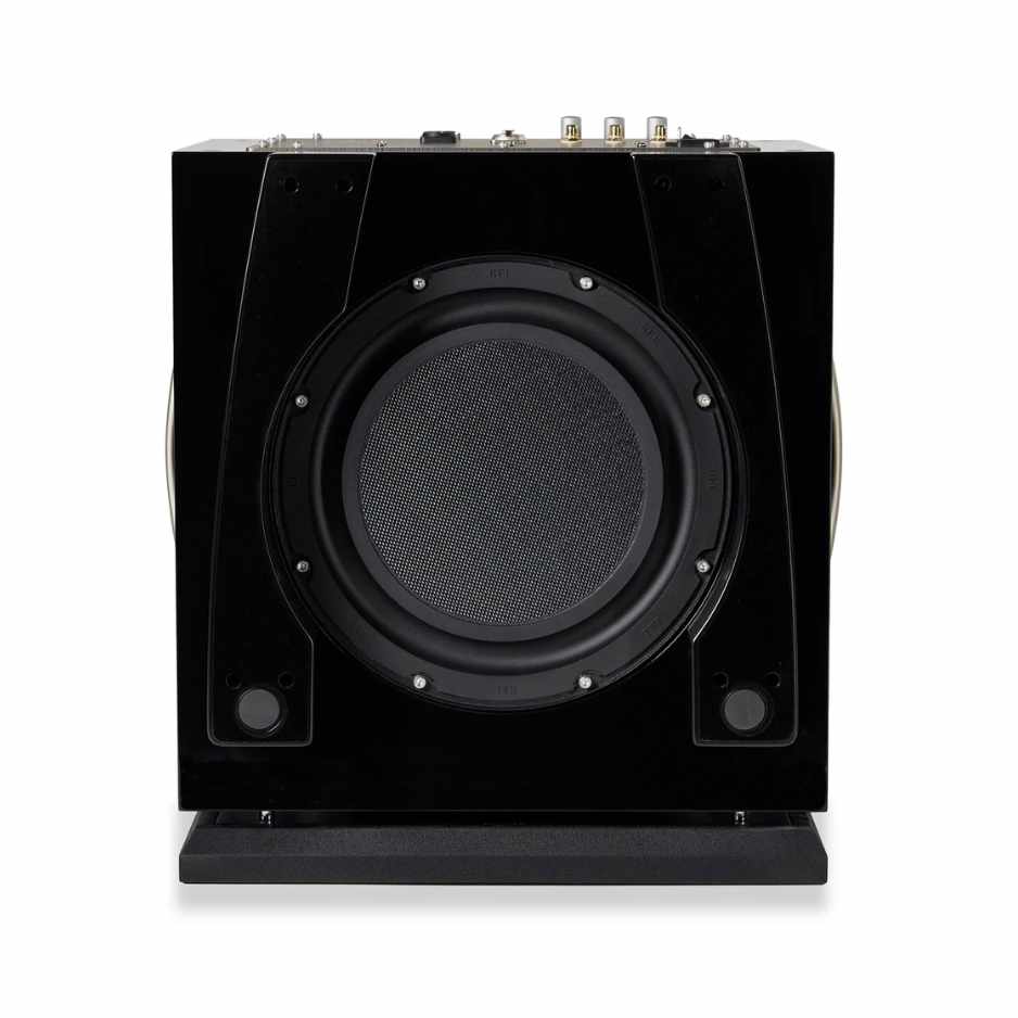 Rel S/550 subwoofer IN Gloss black view of bottom passive radiator