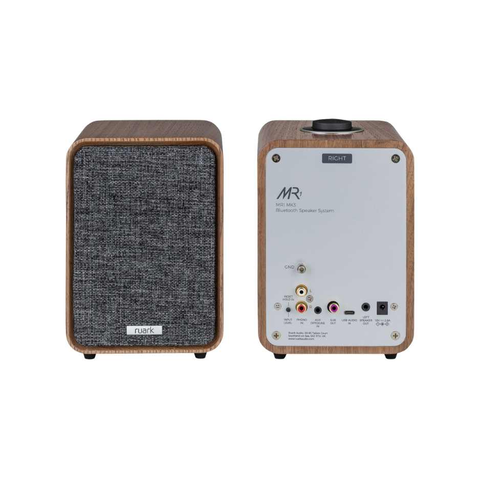 Ruark Audio MR1 MK3 Desktop Speaker System Walnut - 2 Speakers showing connectivity on the back of one