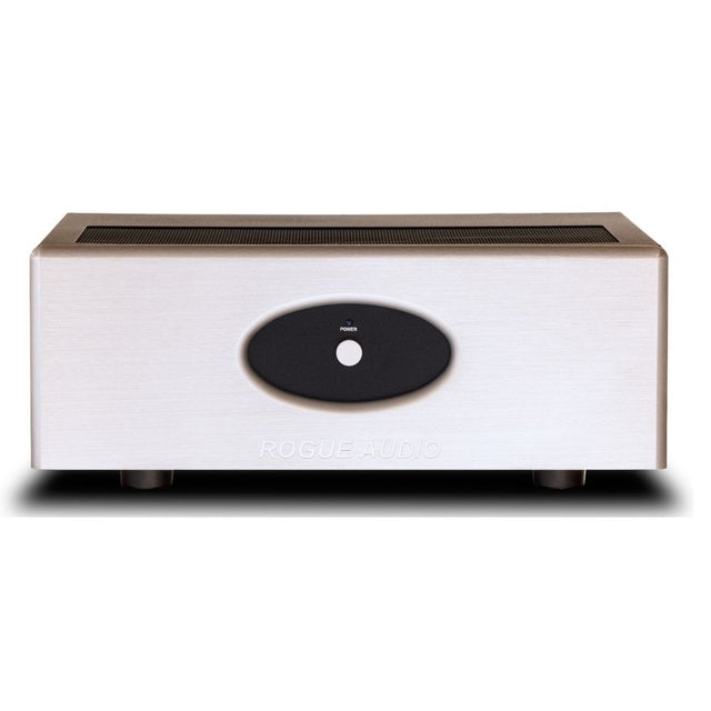 Rogue Audio Stereo 100 amplifier front 
silver