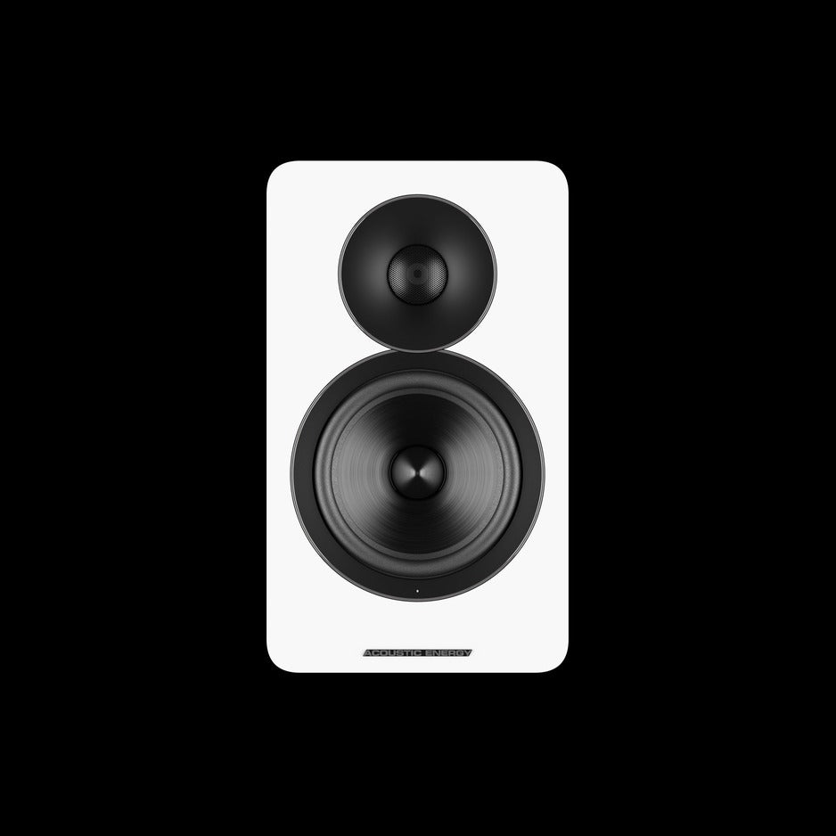 Acoustic Energy AE Active Bookshelf Speakers, Gloss White, stereo pair styled in a listening room