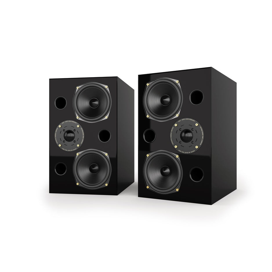 Acoustic Energy AE2 40th Anniversary Edition Bookshelf Speakers, High Gloss Black, three-quarter view of stereo pair