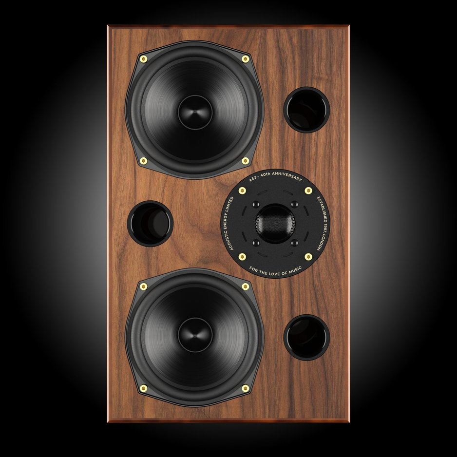 Acoustic Energy AE2 40th Anniversary Edition Bookshelf Speaker, High Gloss Walnut, front view showing the twin mid/bass drivers, triple ports and anniversary tweeter