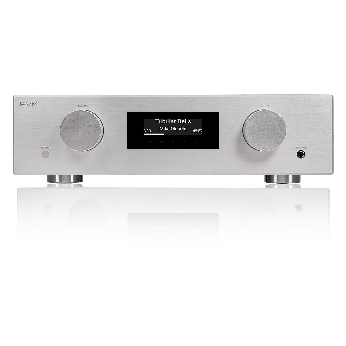 AVM Evolution AS 5.3 Streaming Integrated Amplifier, Silver, front view on a mirrored surface