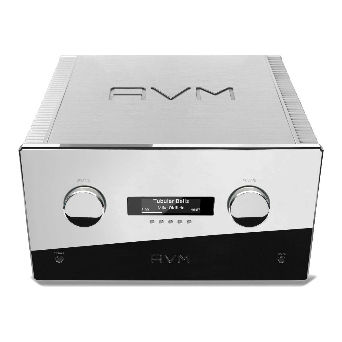 AVM Ovation AS XL Streaming Integrated Amplifier, Cellini chrome, elevated front view