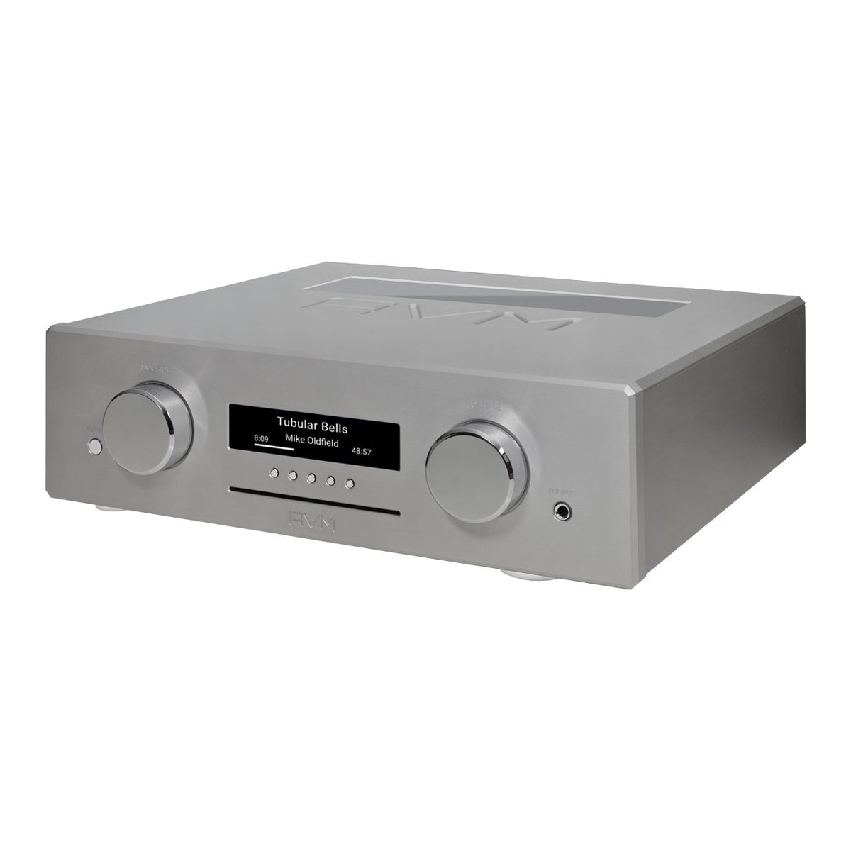 AVM Ovation CS 8.3 S Streaming CD Receiver, Silver, three-quarter view facing left