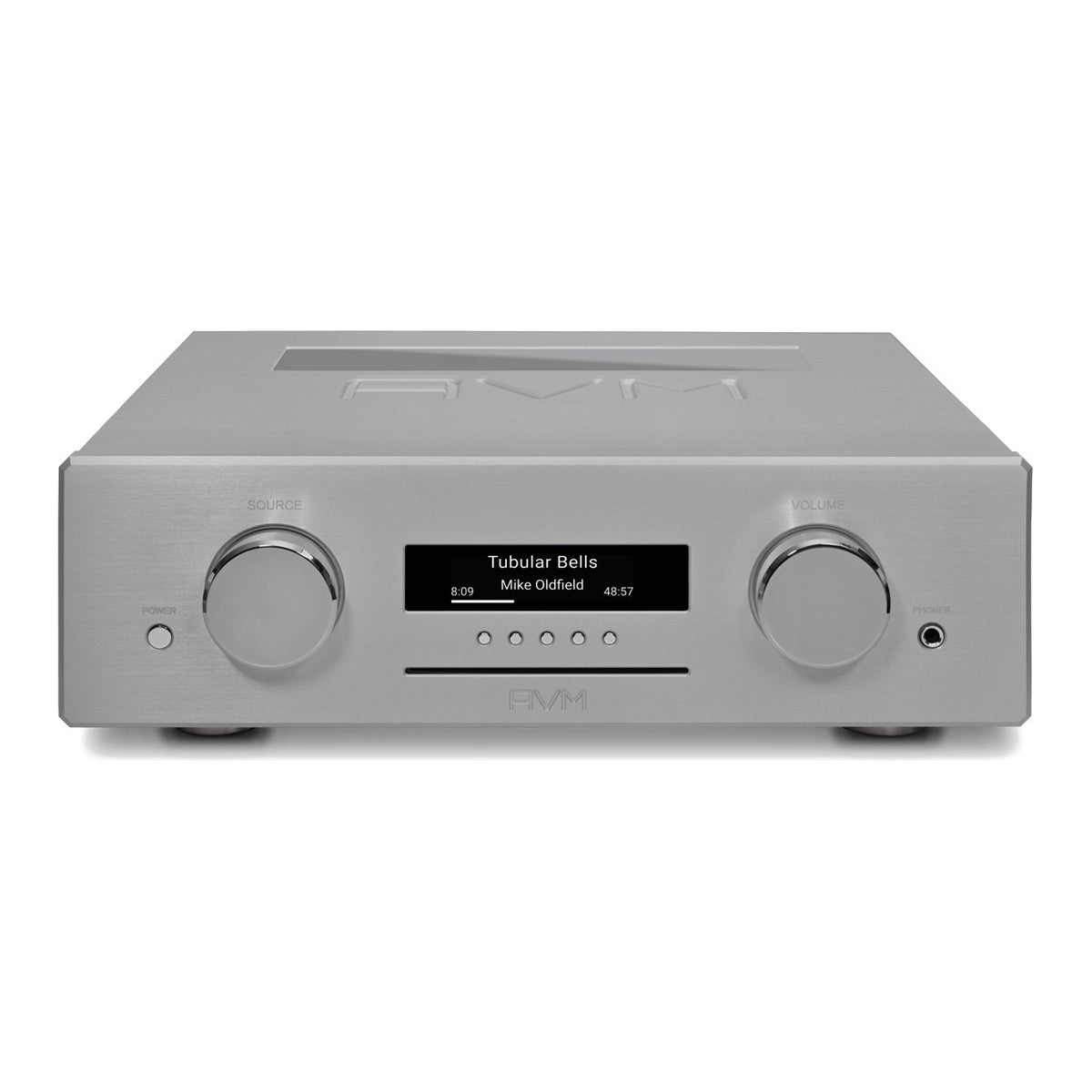 AVM Ovation CS 8.3 S Streaming CD Receiver, Silver, elevated front view