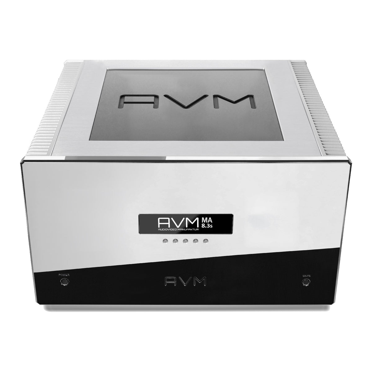 AVM Ovation MA 8.3 S Mono Power Amplifier, Cellini chrome, elevated front view