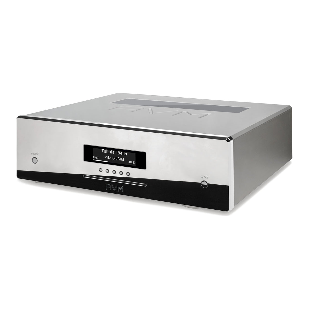 AVM Ovation MP 8.3 S Streaming Media Player, Cellini chrome, three-quarter view facing left