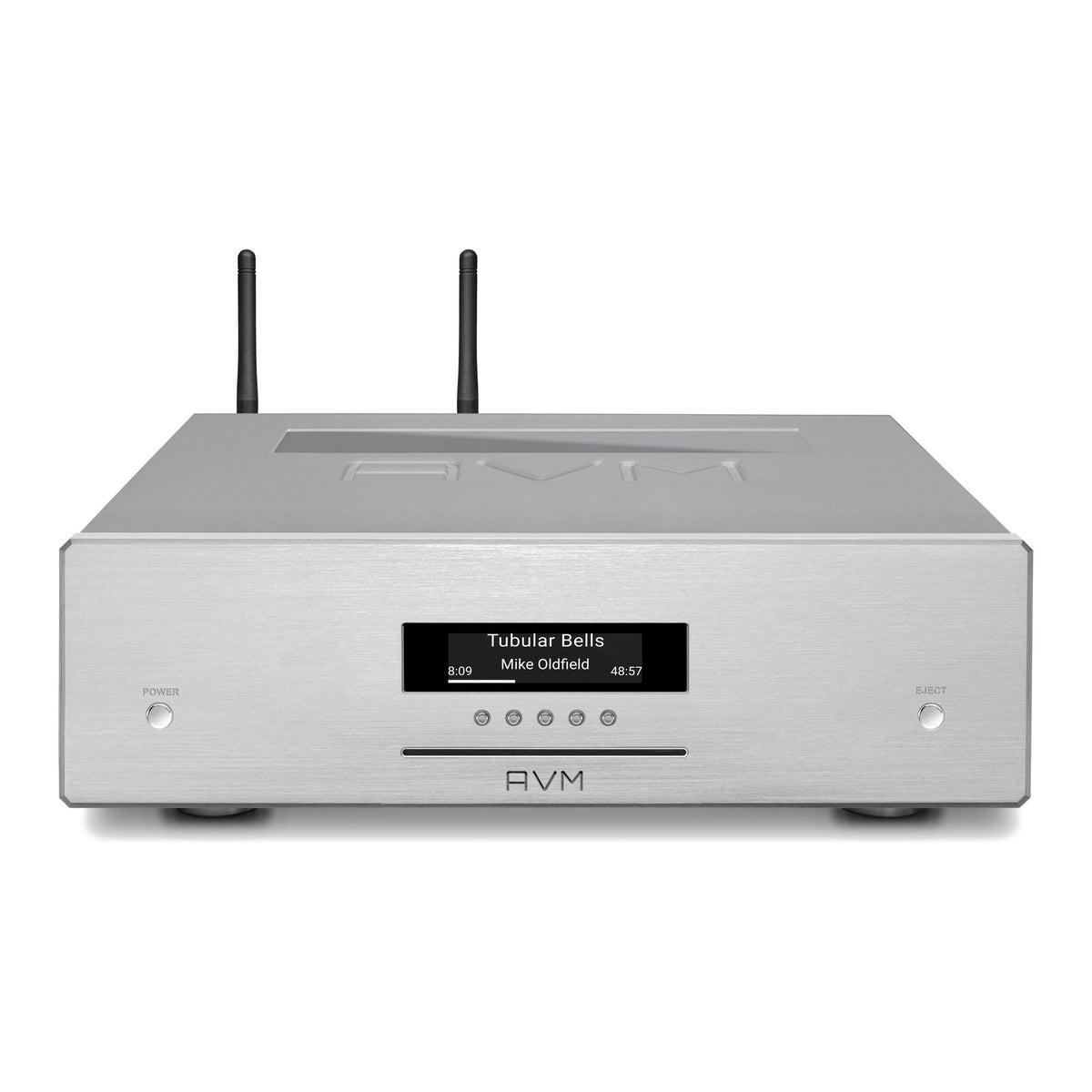 AVM Ovation MP 8.3 S Streaming Media Player, Silver, elevated front view