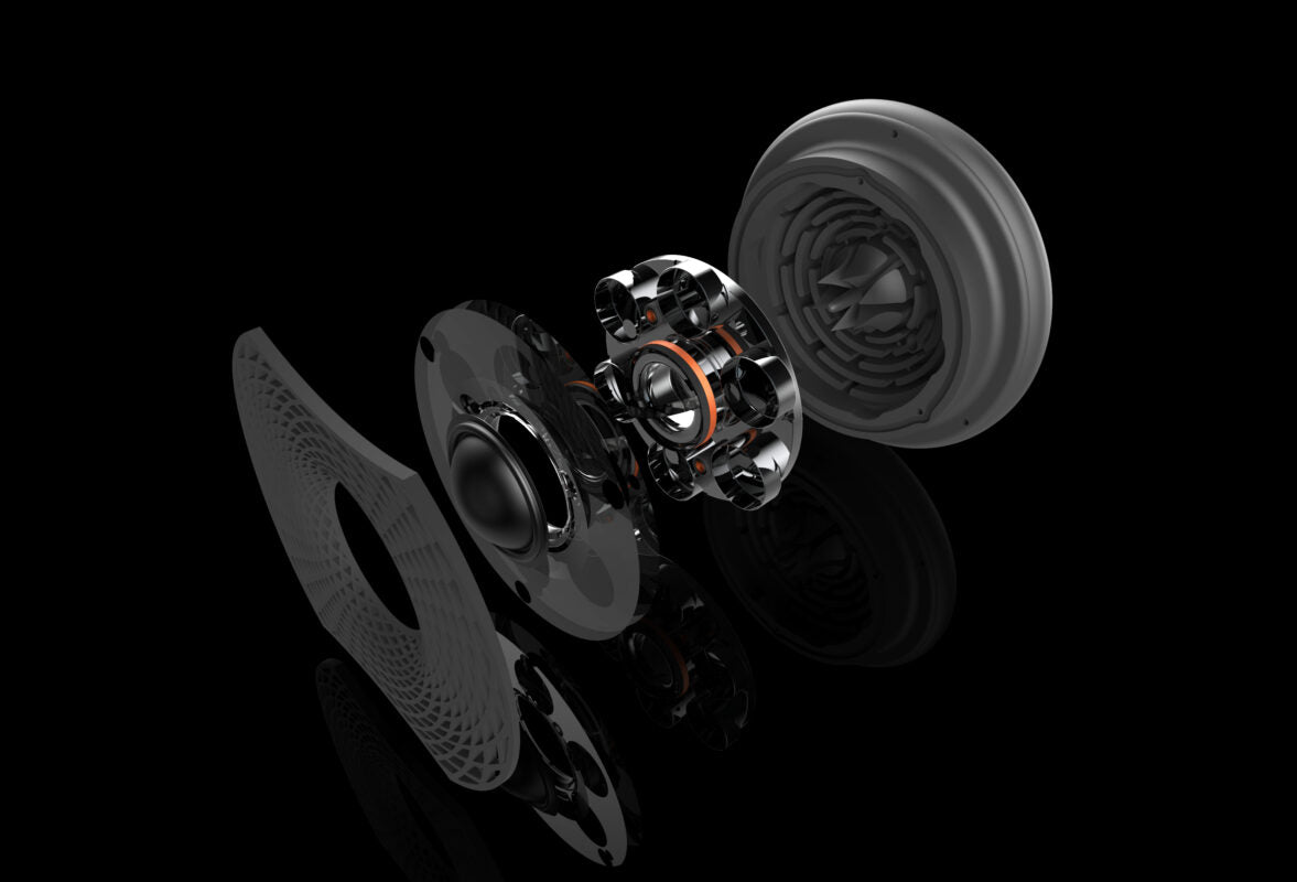 Exploded view of Wilson Benesch Fibonacci silk-carbon hybrid tweeter showing dome, carbon halo, and 3D-printed rear chamber