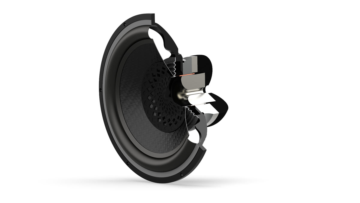 Cross-section of Wilson Benesch Tactic 3.0 driver showing the Fibonacci Element 3D-printed dust cap and five-material construction