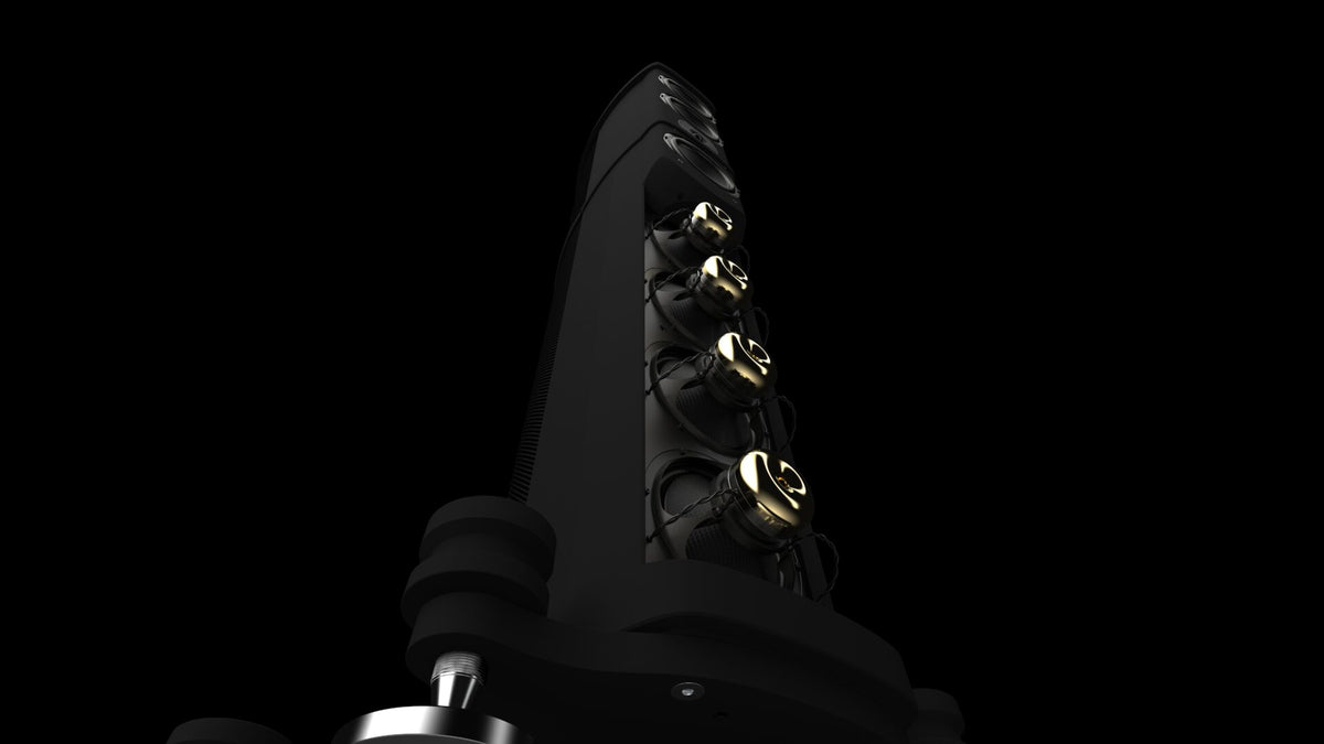 Wilson Benesch Eminence front baffle showing the complete driver array with Fibonacci waveguide tweeter and Tactic midrange