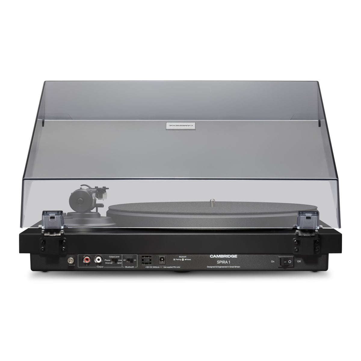 Cambridge Audio Spira Belt Drive Turntable, Black, rear connection panel with the dust cover closed