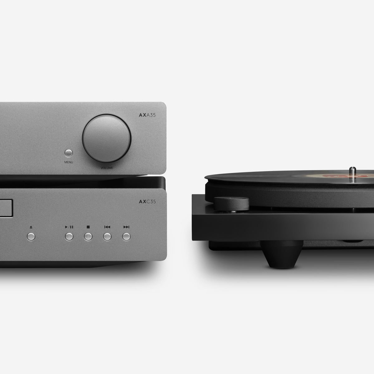 Cambridge Audio Spira Belt Drive Turntable, Black, side view beside the Cambridge Audio AXA35 amplifier and AXC35 CD player