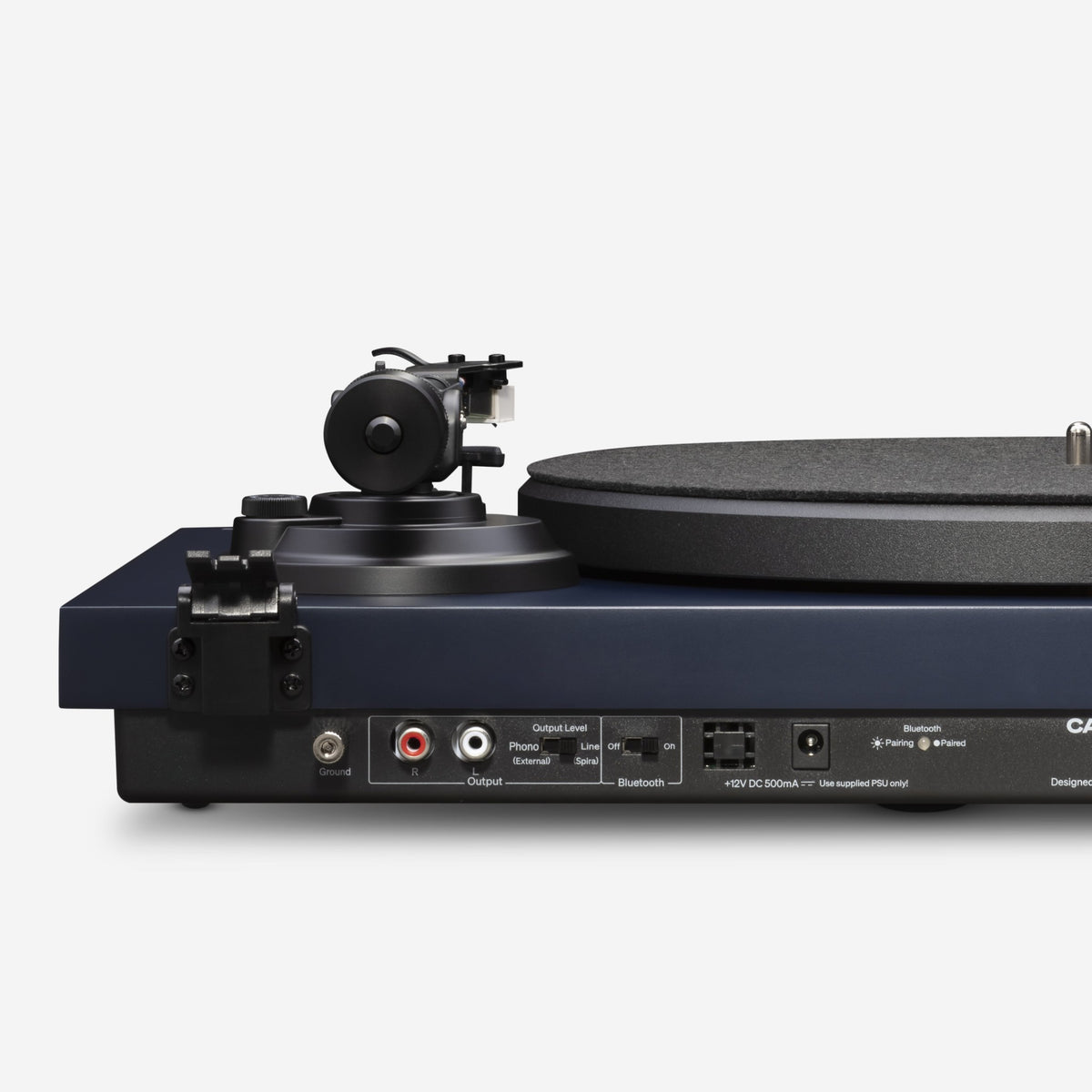Cambridge Audio Spira Belt Drive Turntable, Blue, rear connection panel and tonearm, low side view